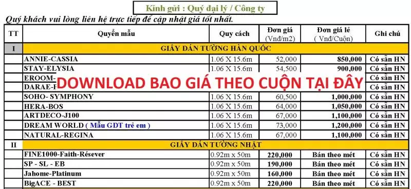 Tải về Báo giá tổng hợp giấy dán tường theo cuộn mới nhất